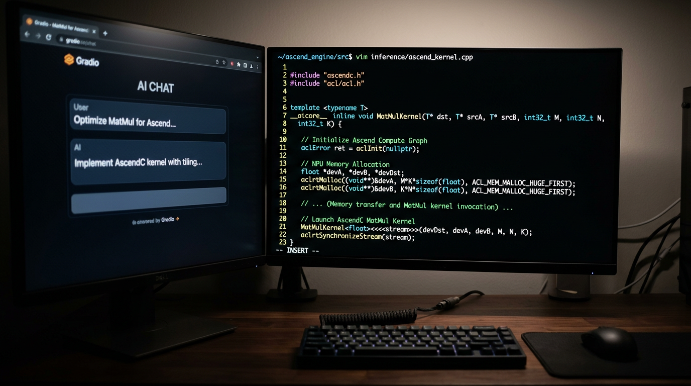 C++ kildekode for AI-inferensmotor med AscendC-operatorer på mørk terminal, og Gradio chat-grensesnitt på skjerm i bakgrunnen
