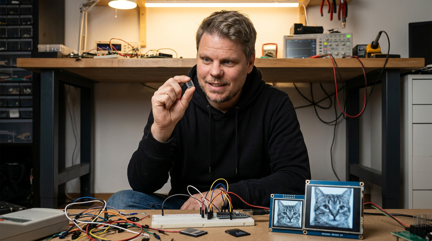 Jan Sverre holder en RISC-V mikrokontroller og ser på en skjerm med et pikselert katteransikt