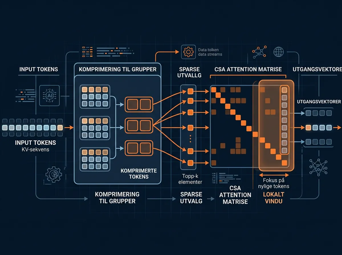 Diagram over Compressed Sparse Attention (CSA) i DeepSeek V4 som viser tokenkomprimering, sparse utvalg og lokalt vindu