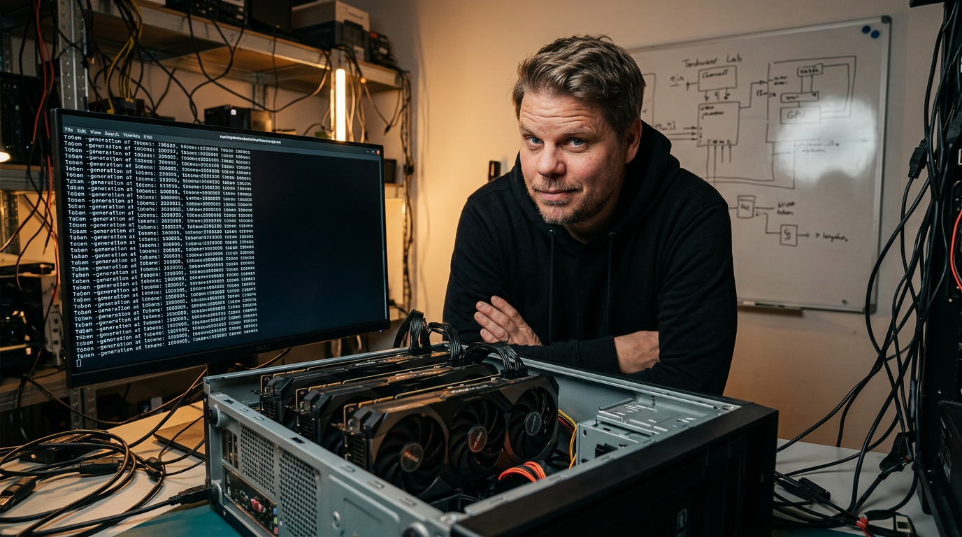 Jan Sverre studerer ytelsesdata fra DeepSeek V4 Flash kjørt på fire RTX 2080 Ti-er