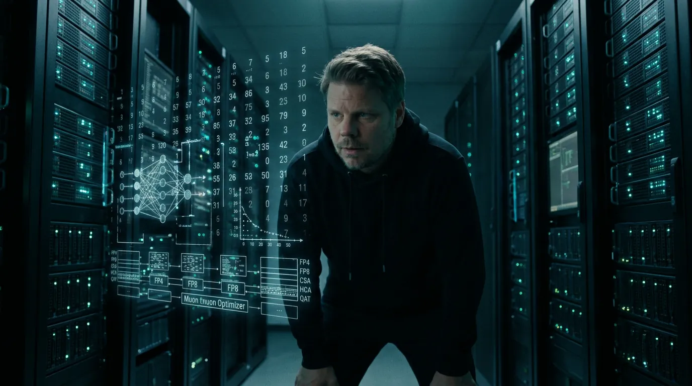 Jan Sverre i serverrom studerer DeepSeek V4 teknisk papir med FP4-kvantisering og MoE-arkitektur på holografisk skjerm