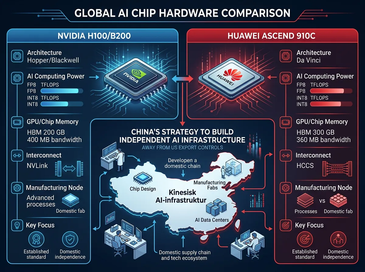 Sammenligning av Nvidia H100 og Huawei Ascend 910C AI-chips for kinesisk AI-infrastruktur uavhengig av US eksportkontroller