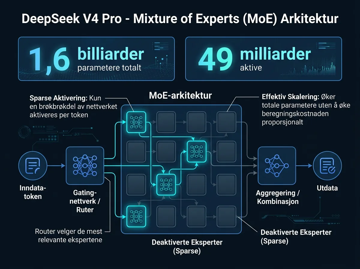 Diagram over DeepSeek V4 Pro MoE-arkitektur med 1,6 billiarder totale parametere og 49 milliarder aktive parametere