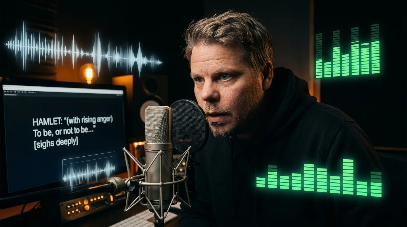 Jan Sverre i et lydstudio med mikrofon, omgitt av lydbølger og AI-visualiseringer for DramaBox TTS
