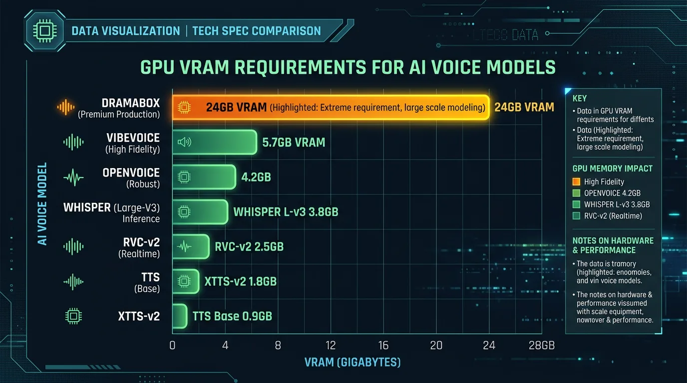Sammenligning av VRAM-krav for TTS-modeller - DramaBox krever 24 GB, VibeVoice 5,7 GB
