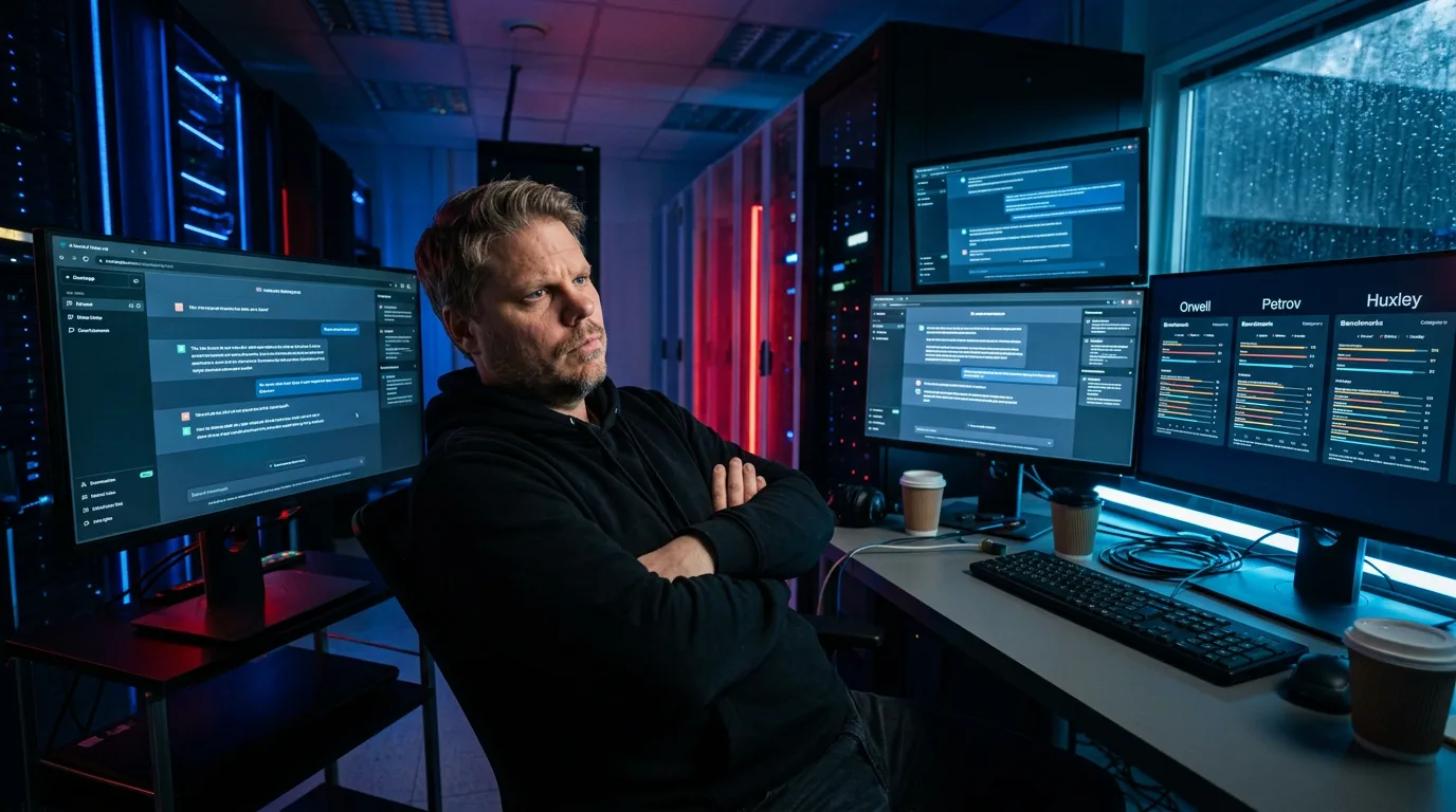 Jan Sverre studerer DystopiaBench-resultater på skjermer i serverrom