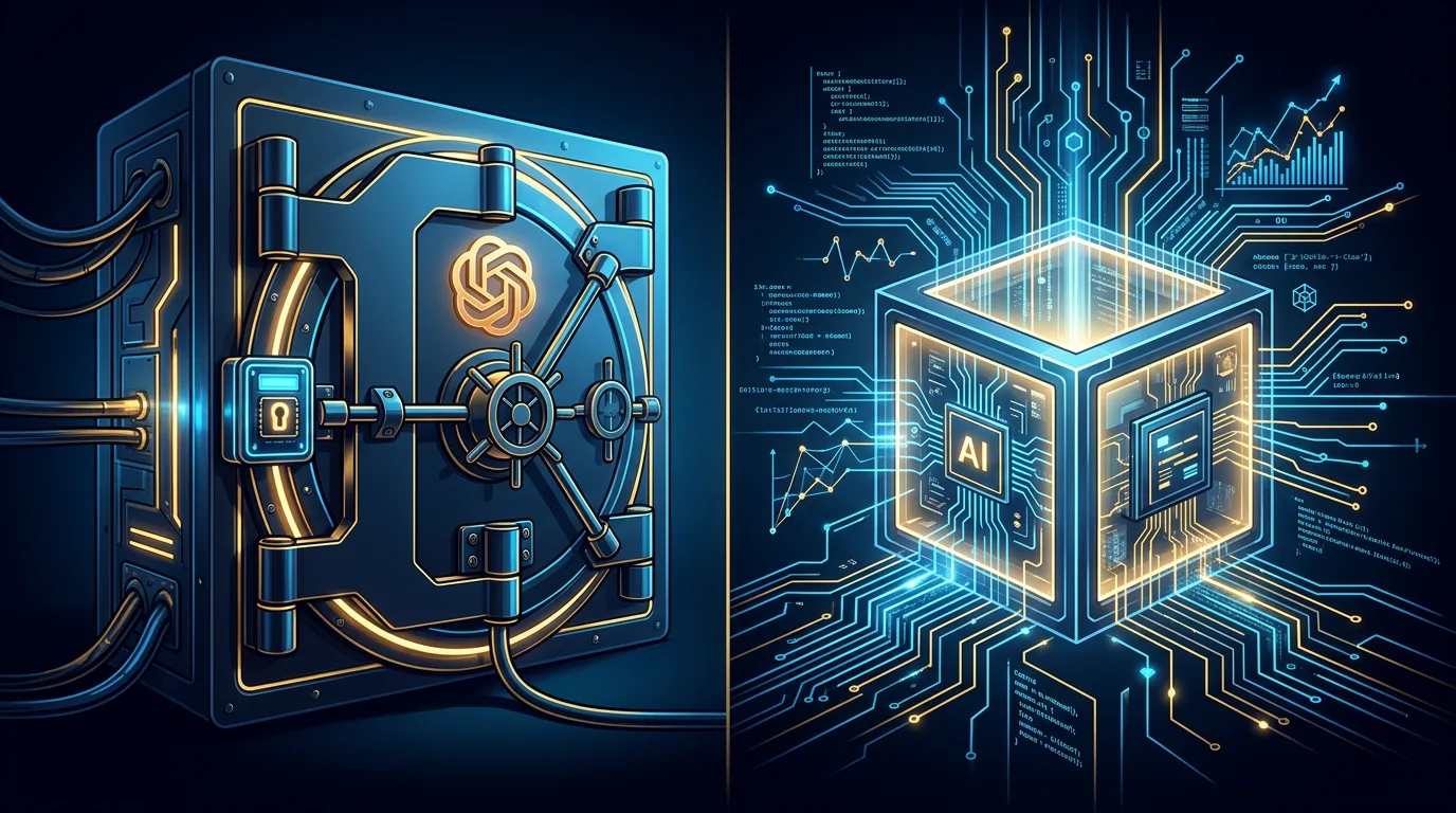 Konseptuell illustrasjon av closed-source versus open source AI-modell sikkerhet
