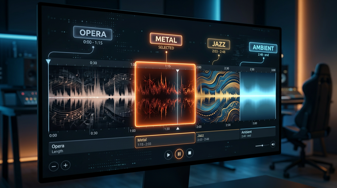 ElevenLabs Music v2 seksjonredigering - tidslinje med opera, metal, jazz og ambient seksjoner markert