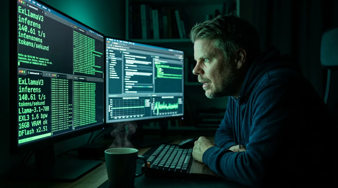 Jan Sverre ser på hastighetstall for ExLlamaV3 DFlash på mørkt hjemmekontor med skjermgløde