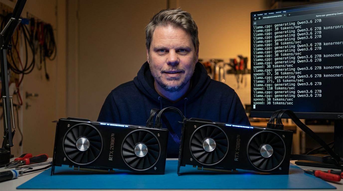 Jan Sverre inspiserer to RTX 2080 Ti grafikkort koblet i dual-GPU-oppsett for lokal AI-inferens