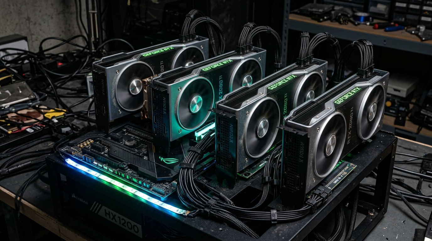 Fire RTX 2080 Ti grafikkort montert i et åpent PC-oppsett for lokal AI-inferens