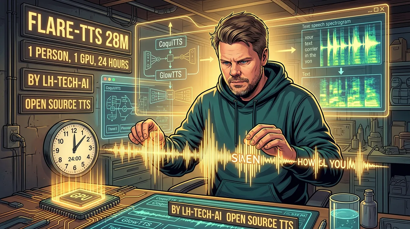 Mann i hettegenser lytter til AI-generert tale fra Flare-TTS 28M open source stemmemodell