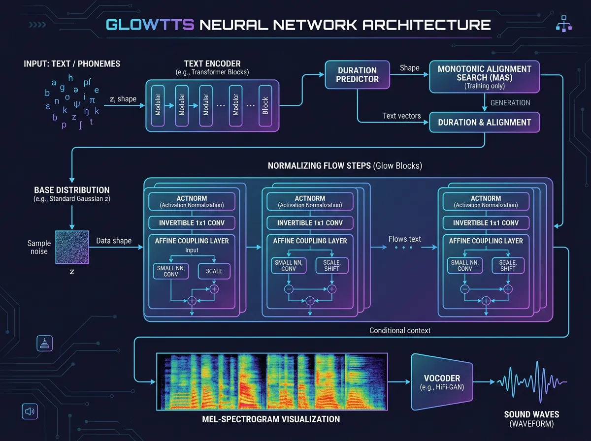 GlowTTS arkitektur illustrasjon med lydbolger som transformeres til mel-spektrogrammer via normalizing flow