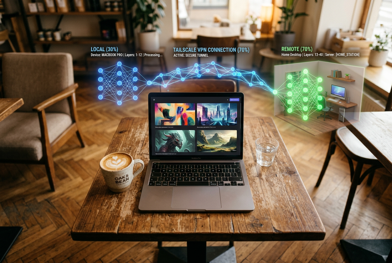 Laptop på kafé koblet til hjemme-desktop via Tailscale VPN for distribuert AI-bildegenerering
