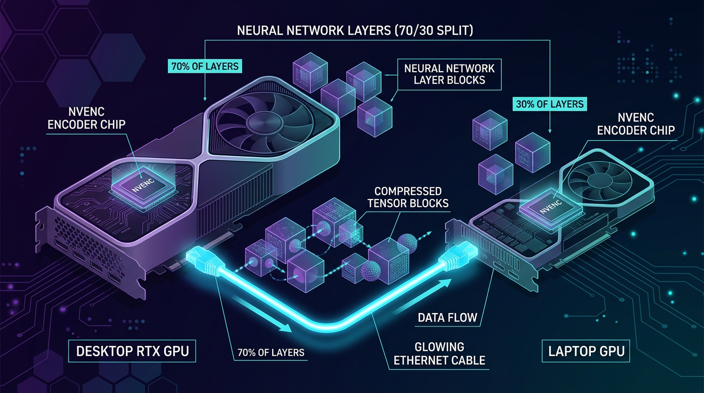 Teknisk diagram: NVENC encoder bridge splitter FLUX 2 modelllag mellom to GPUer over Ethernet