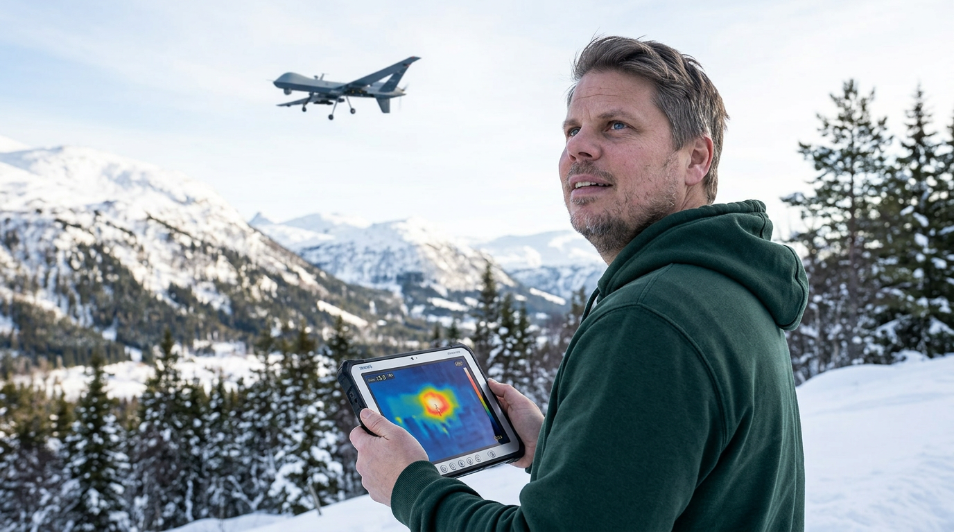 Jan Sverre ser opp på militær drone i norsk vinterlandskap med termisk bilde på nettbrett