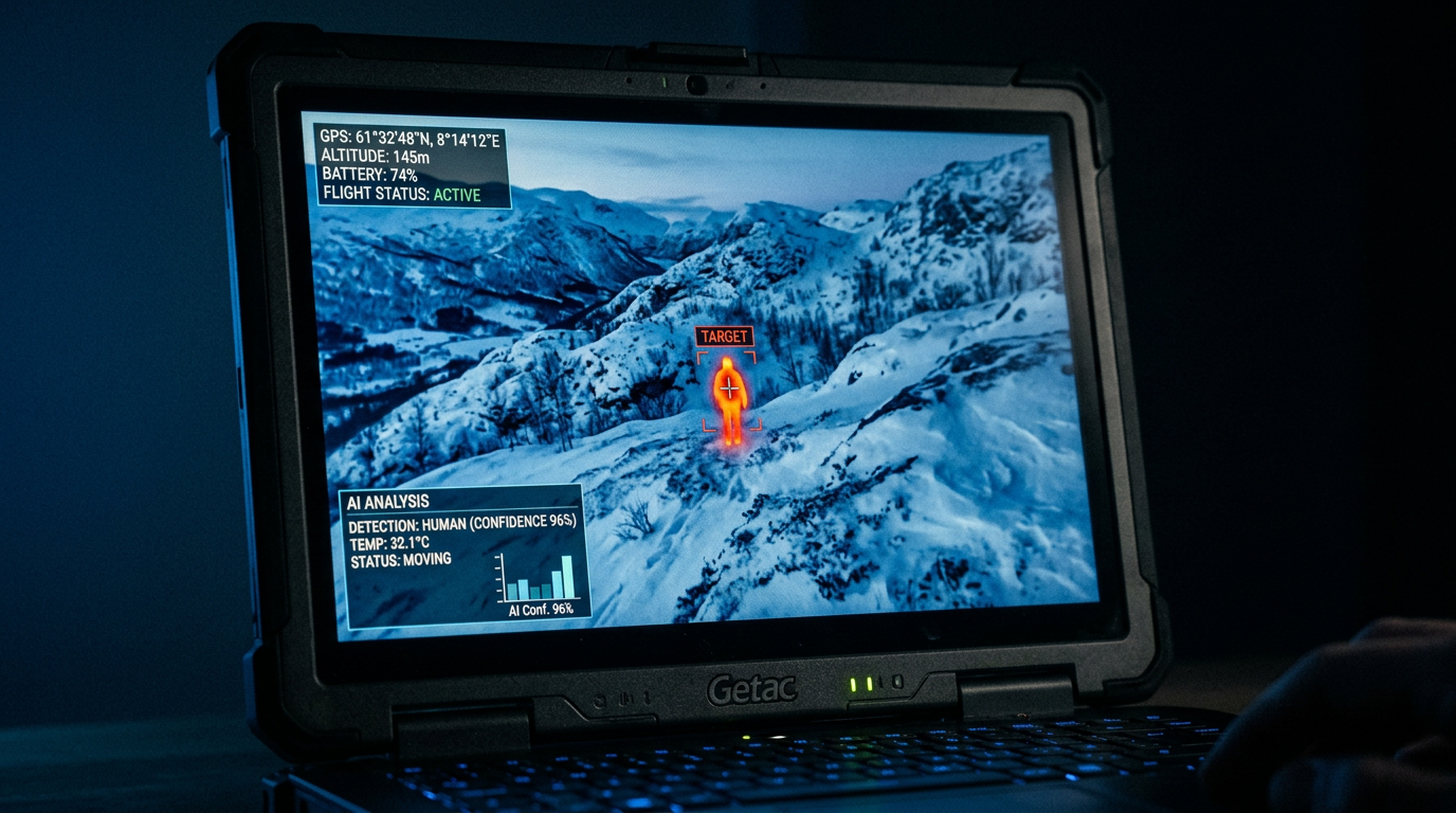 Termisk dronebildeanalyse på skjerm viser varm menneskefigur i snøterreng med AI-overlay