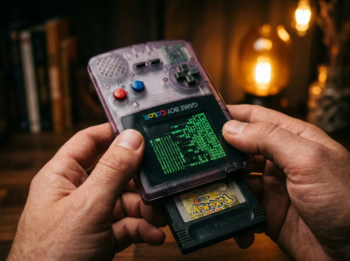 Nærbilde av Game Boy Color med grønn pikselskjerm som viser AI-generert tekst output fra transformer-modell