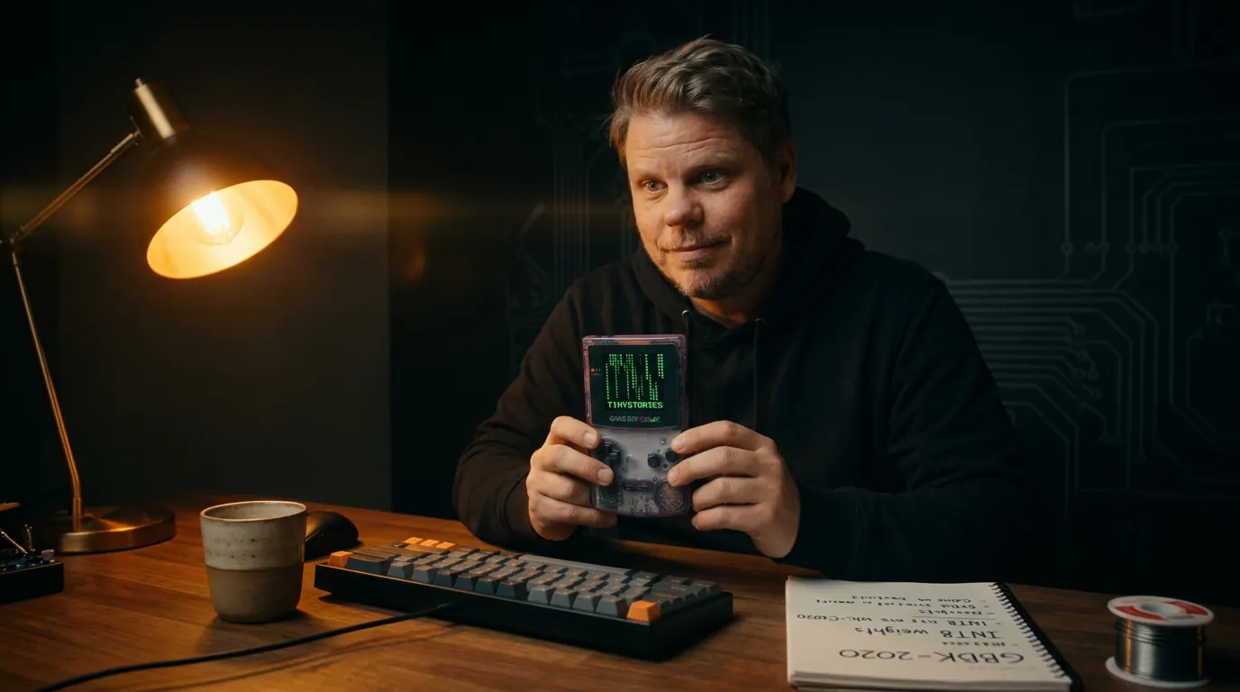 Jan Sverre holder en Game Boy Color med AI-tekst på pikselskjermen, varmt lampelys i mørkt rom