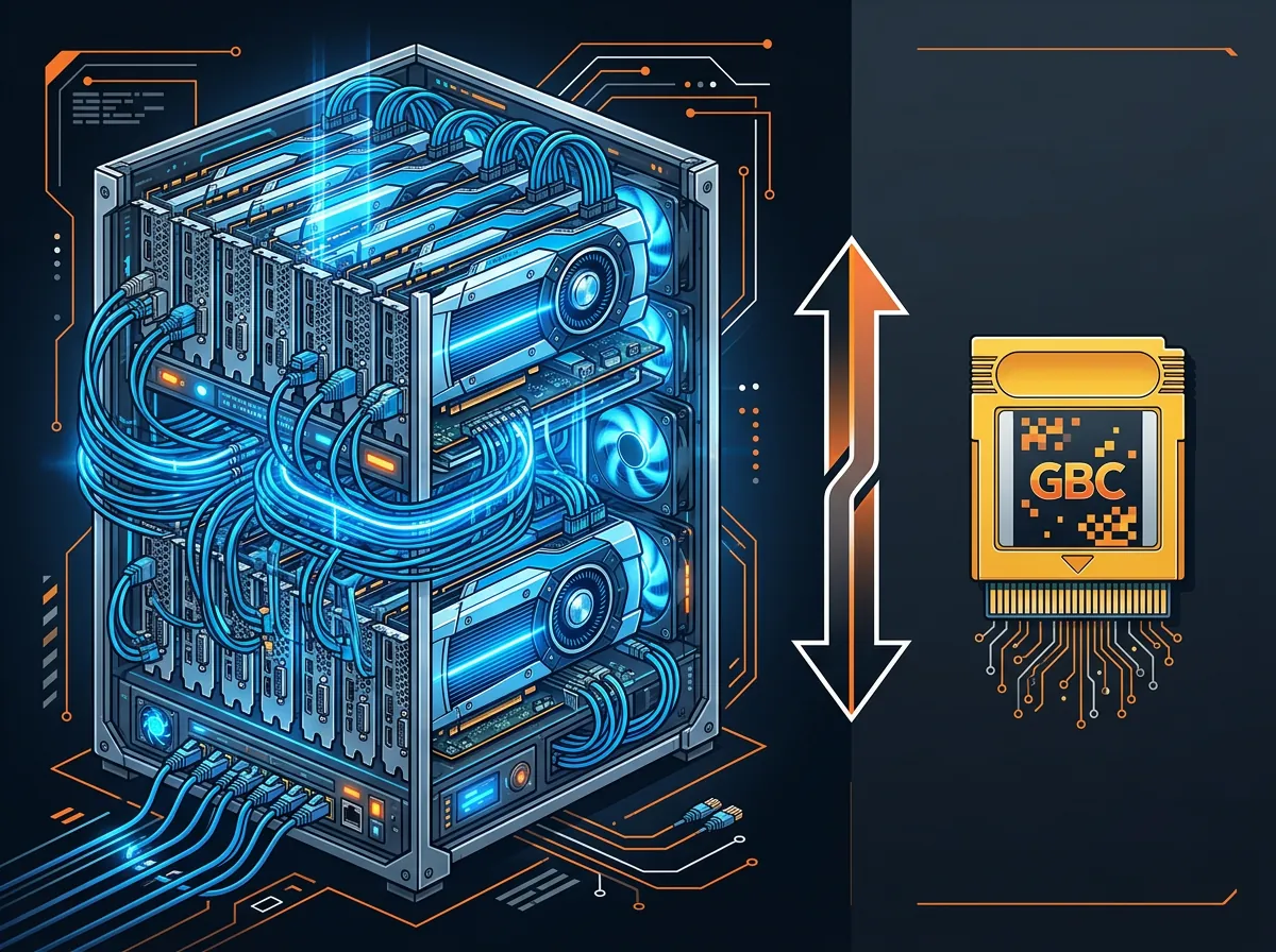 Illustrasjon som sammenligner massiv GPU-server med tiny Game Boy Color cartridge - begge kan kjøre transformer-inferens