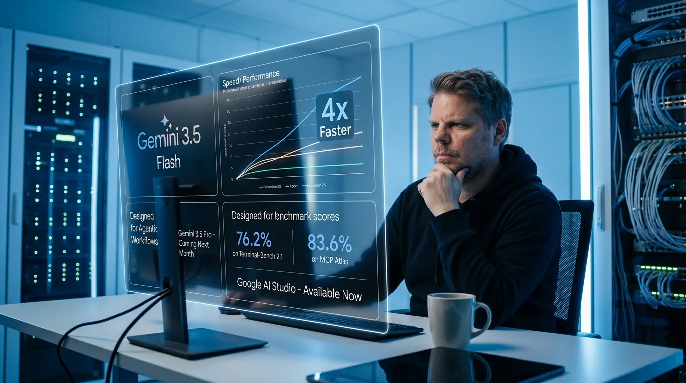 Jan Sverre Bauge analyserer Gemini 3.5 Flash i et moderne serverrom med holografisk display