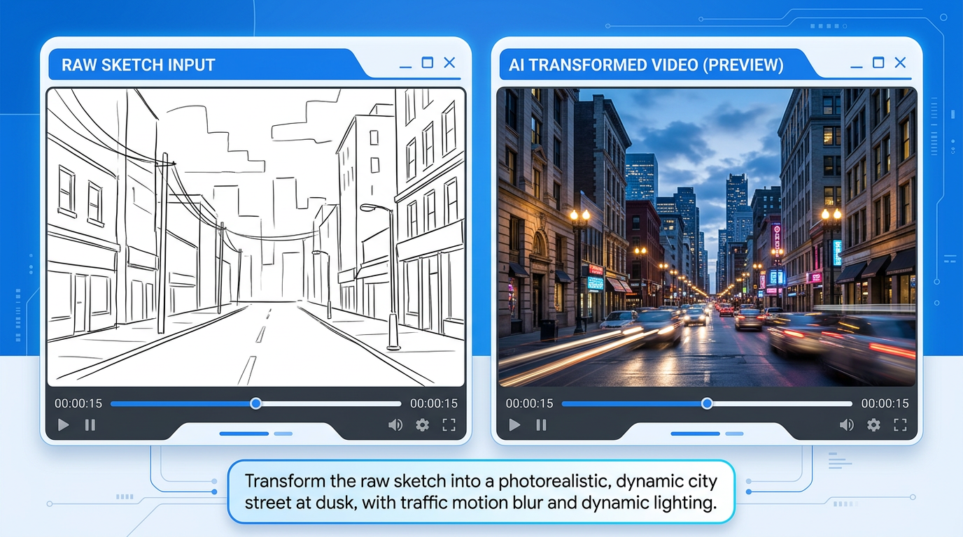 Gemini Omni interface som viser AI-videoredigering fra skisse til realistisk video