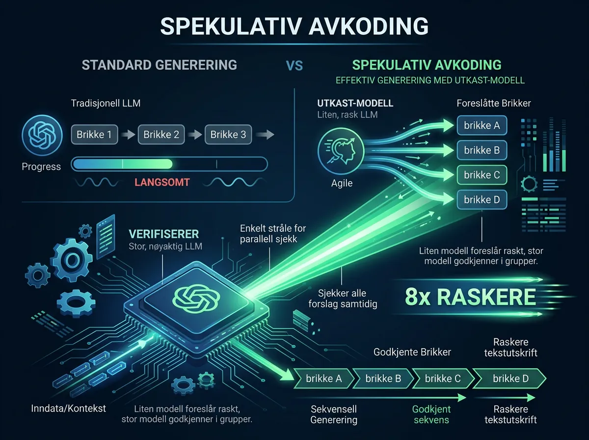 Infografikk som viser hvordan DFlash spekulativ dekoding fungerer med utkast-modell og verifiserer for 8x raskere inferens