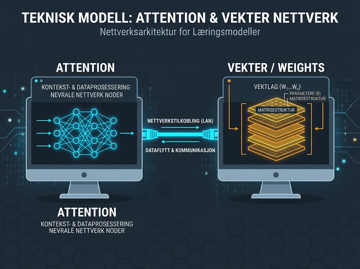Diagram som viser to datamaskiner koblet med nettverkskabel der attention kjøres lokalt og modellvekter på ekstern maskin