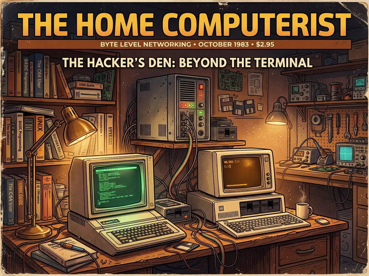 Retro illustrasjon av et hjemmelaboratorium med gamle datamaskiner og server koblet sammen for lokal AI-kjøring