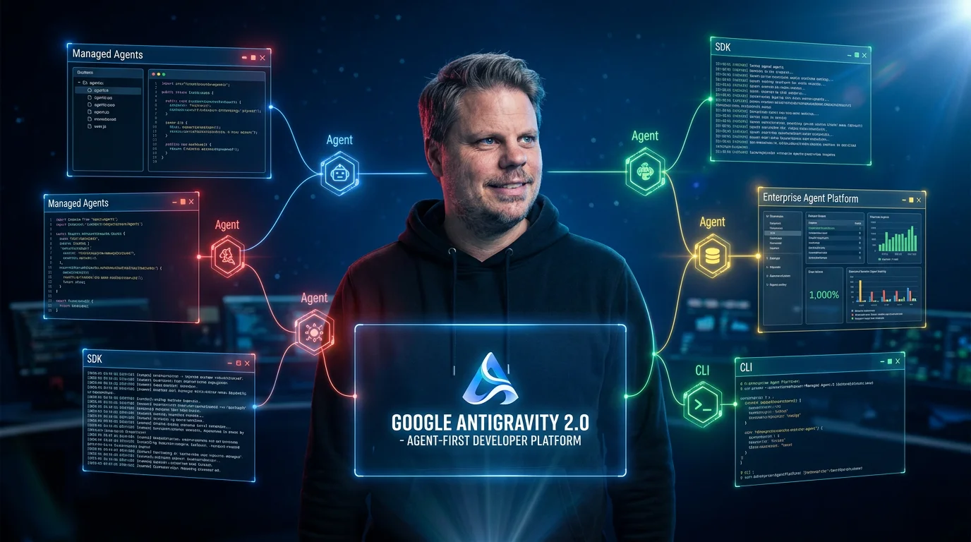 Jan Sverre i et futuristisk kontrollrom med flytende AI-agent-noder fra Google Antigravity 2.0