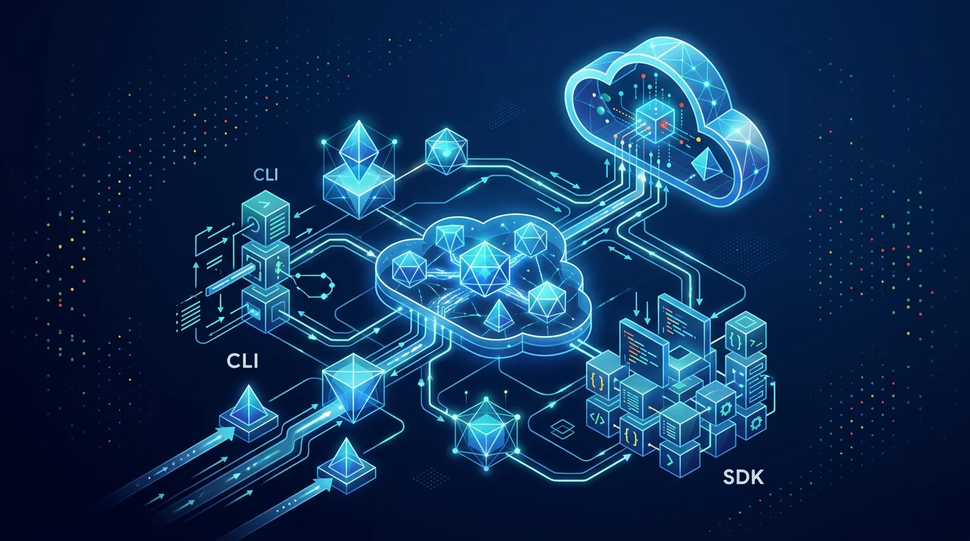 Abstrakt visualisering av Antigravity Enterprise Agent Platform koblet til Google Cloud med CLI, SDK og agent-noder
