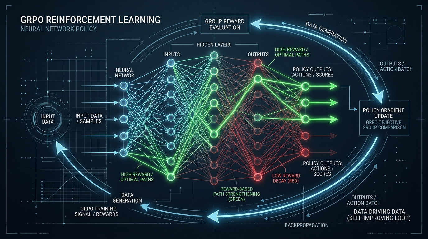 Visualisering av GRPO-treningsloop der modellen lærer av sine egne feil via verifiable rewards