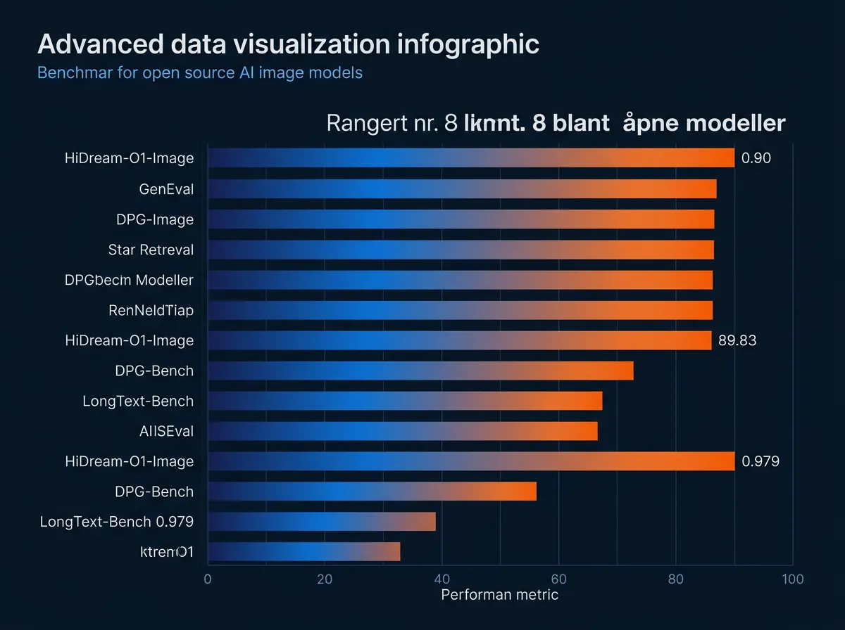 Benchmark-resultater for HiDream-O1-Image - GenEval 0,90 DPG-Bench 89,83 og rangert nummer 8 blant åpne modeller