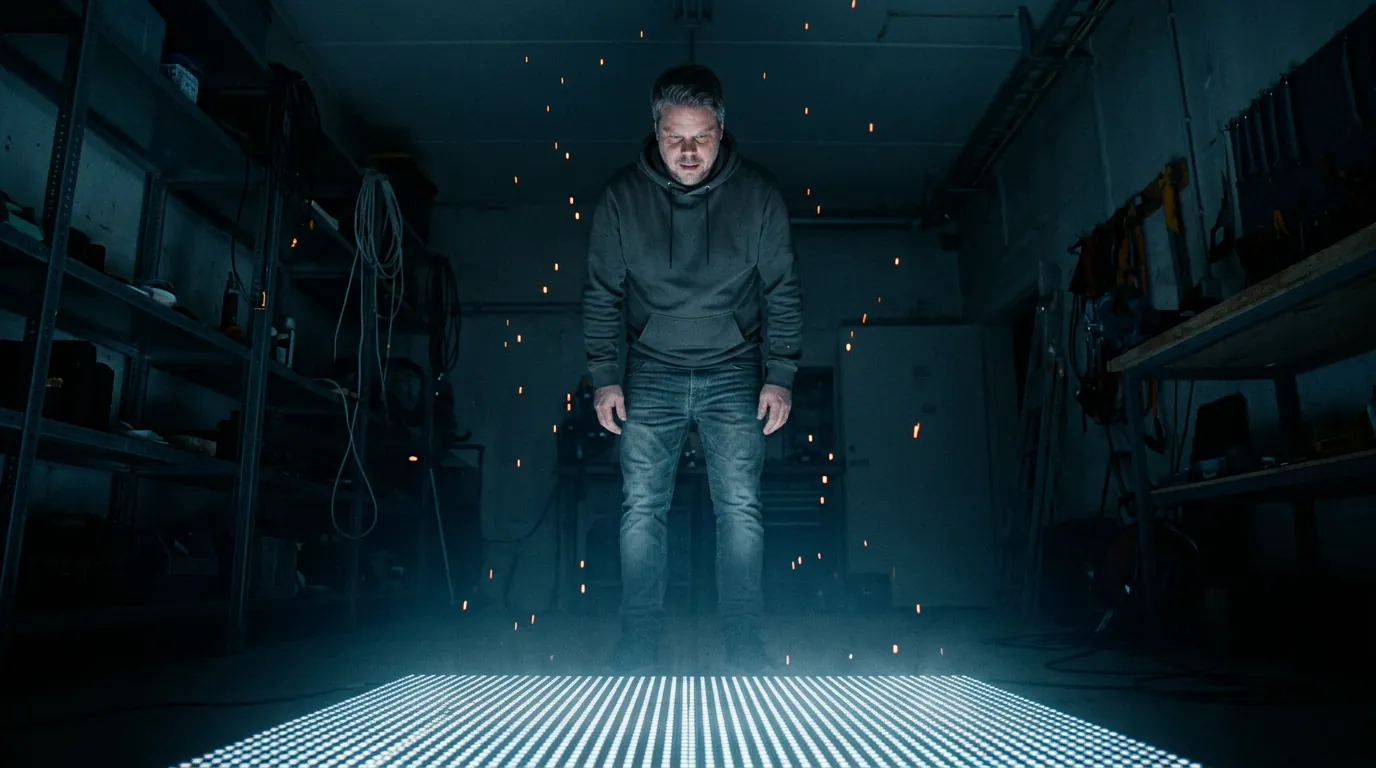 Jan Sverre ser ned på et gulv av glødende råpiksler som danner bilder direkte uten VAE - HiDream-O1-Image arkitektur