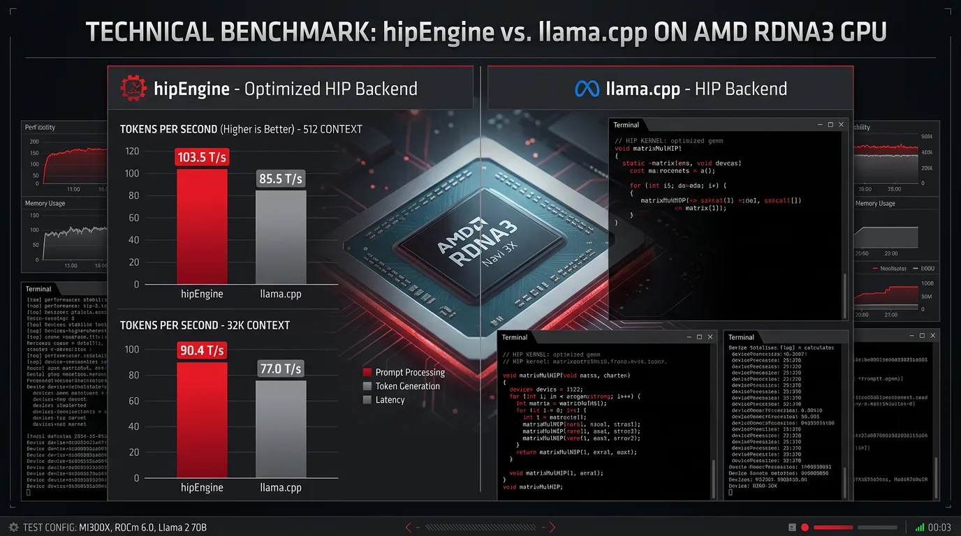 Benchmark-graf som sammenligner hipEngine og llama.cpp tokens per sekund på AMD RX 7900 XTX