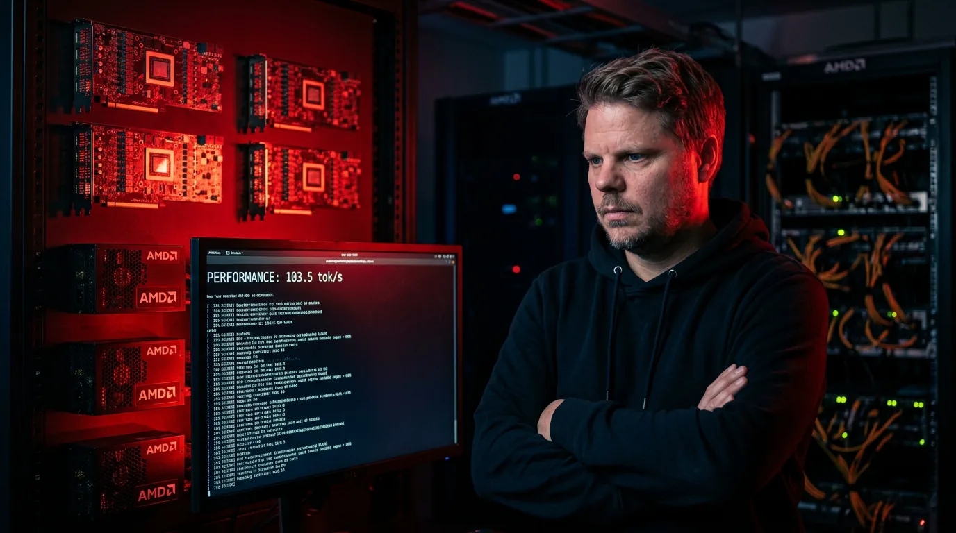 Jan Sverre undersøker AMD RDNA3 GPU-hardware med hipEngine benchmark-resultater på skjermen