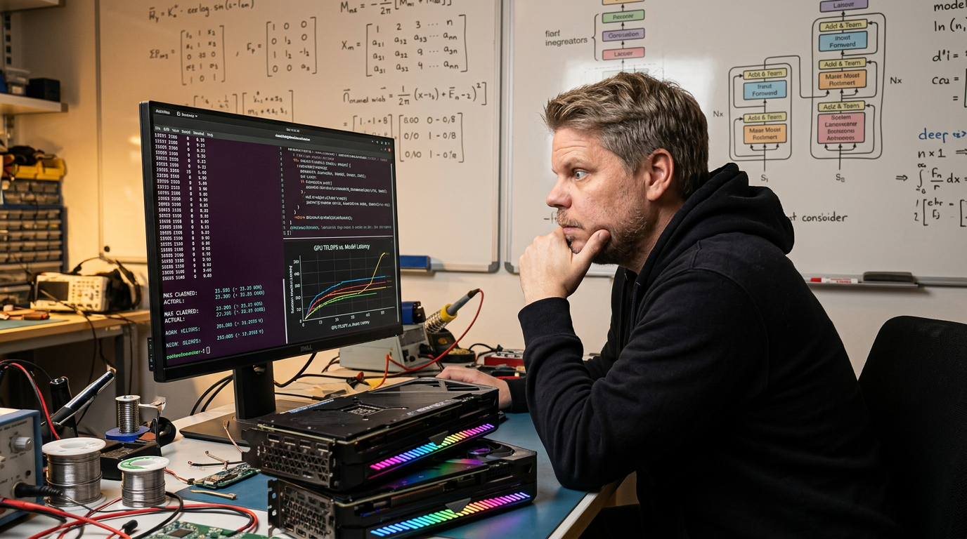 Jan Sverre studerer benchmark-resultater for HRM-Text 1B på en skjerm i et elektronikklaboratorium