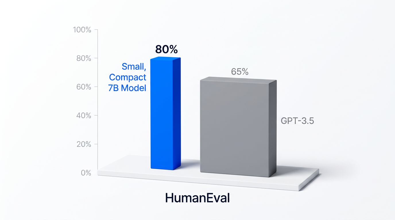 Benchmark-sammenligning der liten selvtrent modell scorer 80 prosent mot GPT-3.5 sine 65 prosent på HumanEval