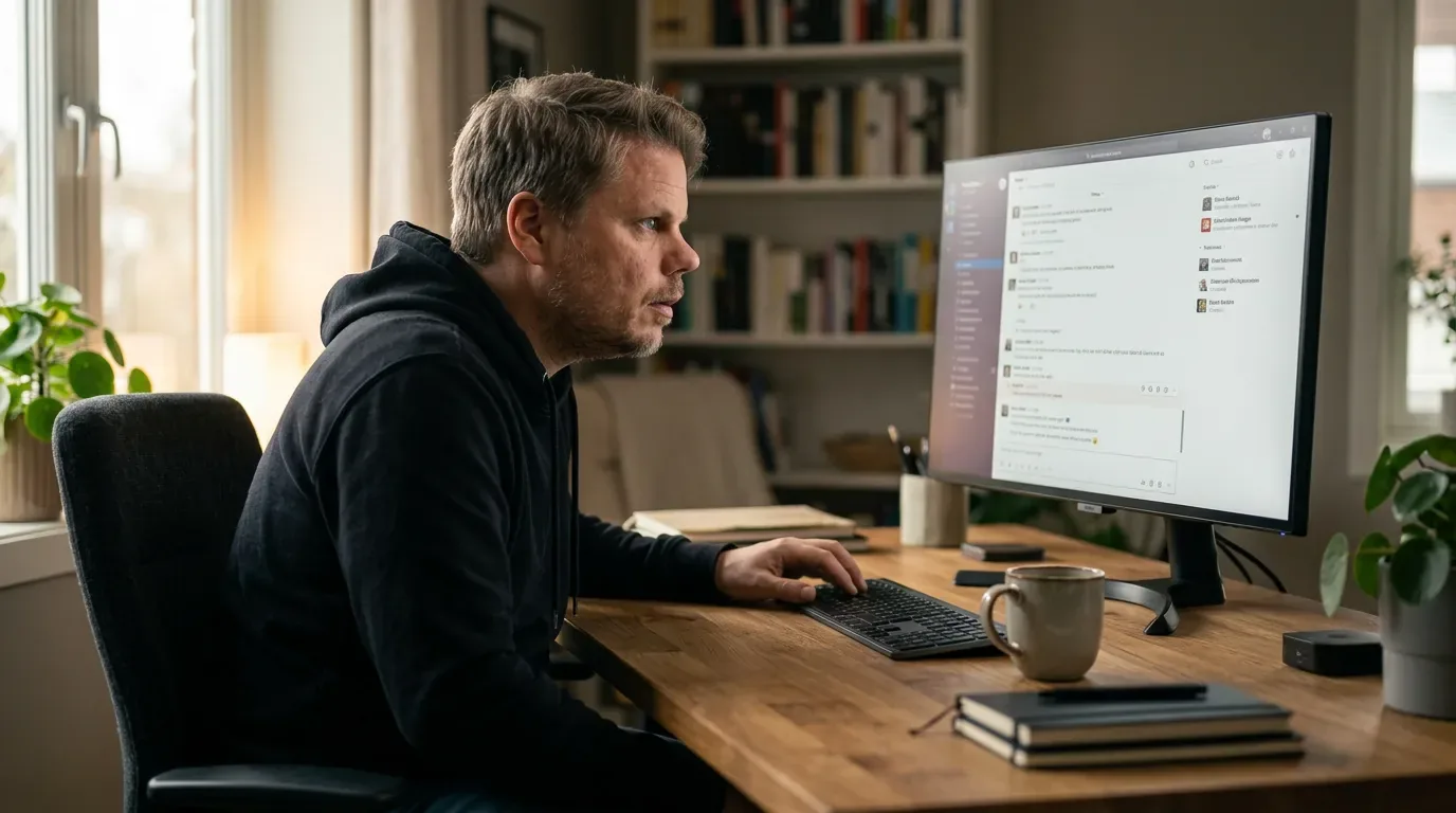 Jan Sverre ved skrivebordet med Claude AI-chat på skjermen