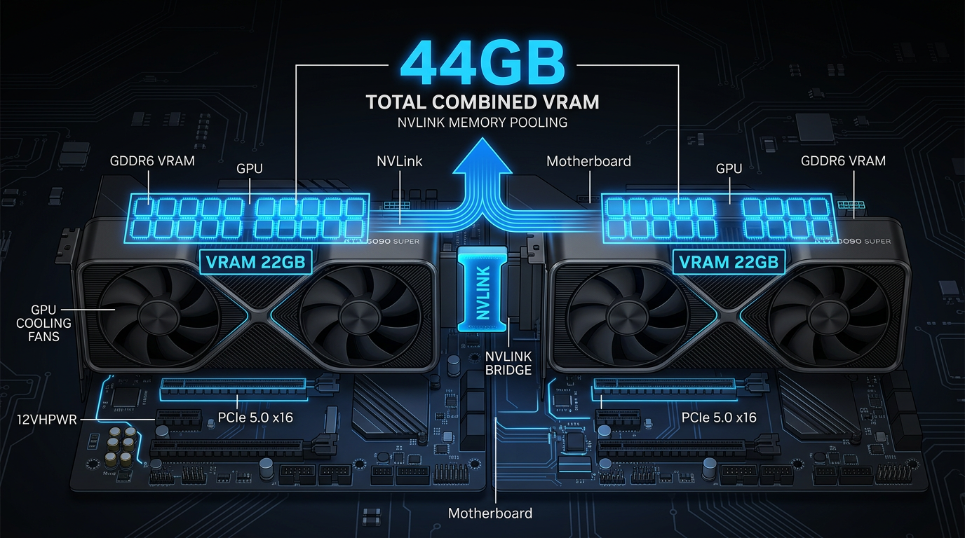 Teknisk diagram av to RTX 2080 Ti grafikkort koblet med NVLink-bro, viser 22GB VRAM på hvert kort og totalt 44GB