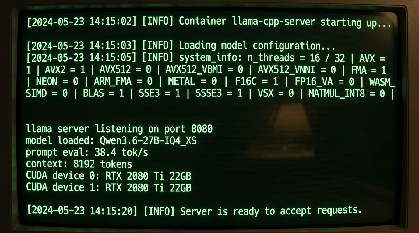 Terminal-skjermbilde fra llama.cpp server som viser 38 token per sekund med Qwen3.6 27B på to RTX 2080 Ti
