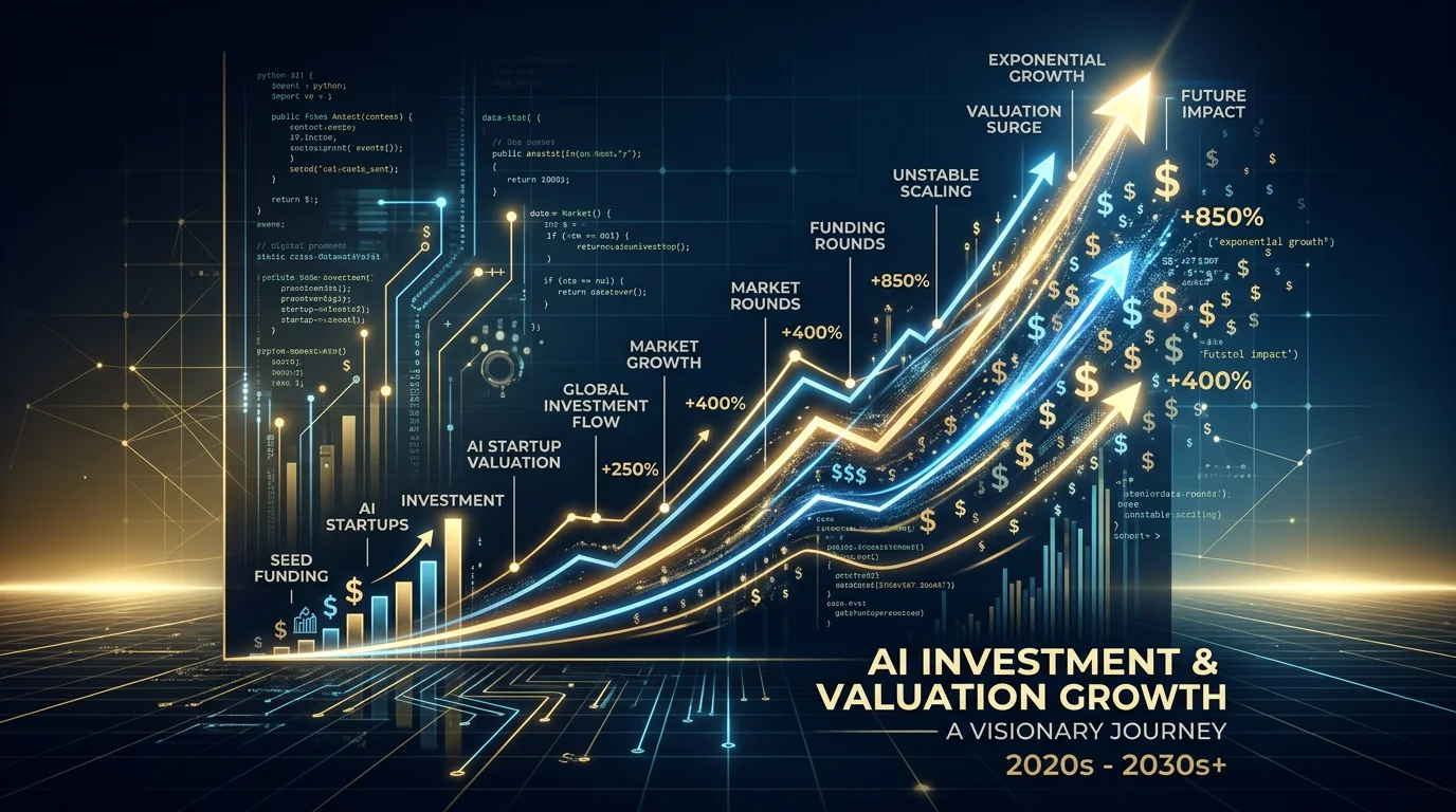 Dramatisk visualisering av AI startup verdsettelse og investorvekst i 2026