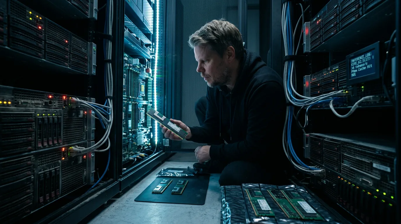Jan Sverre holder en Intel Optane Persistent Memory-modul i et serverrom opplyst av blå LED-lys fra Xeon-servere