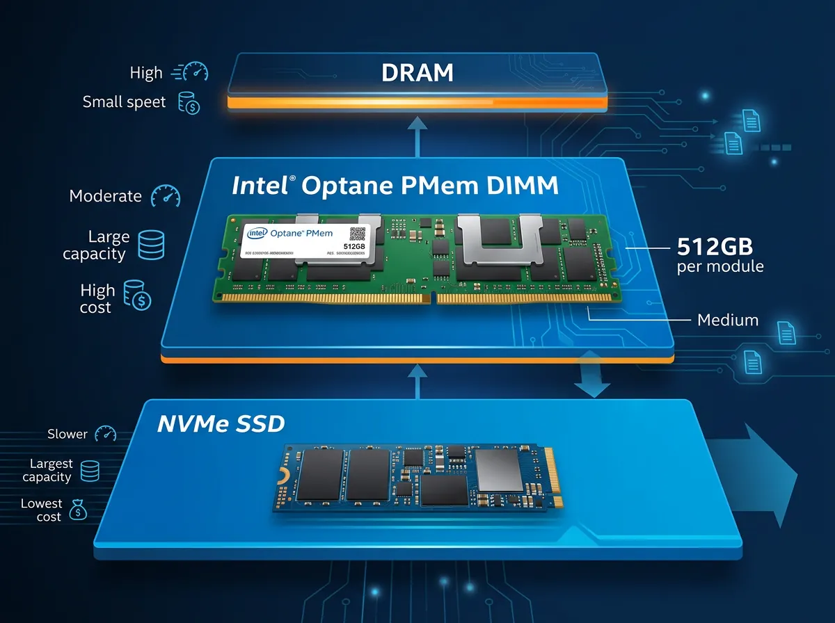 Teknisk diagram som viser minnehierarkiet mellom DRAM, Intel Optane PMem og NVMe SSD med kapasitet og hastighetssammenligning