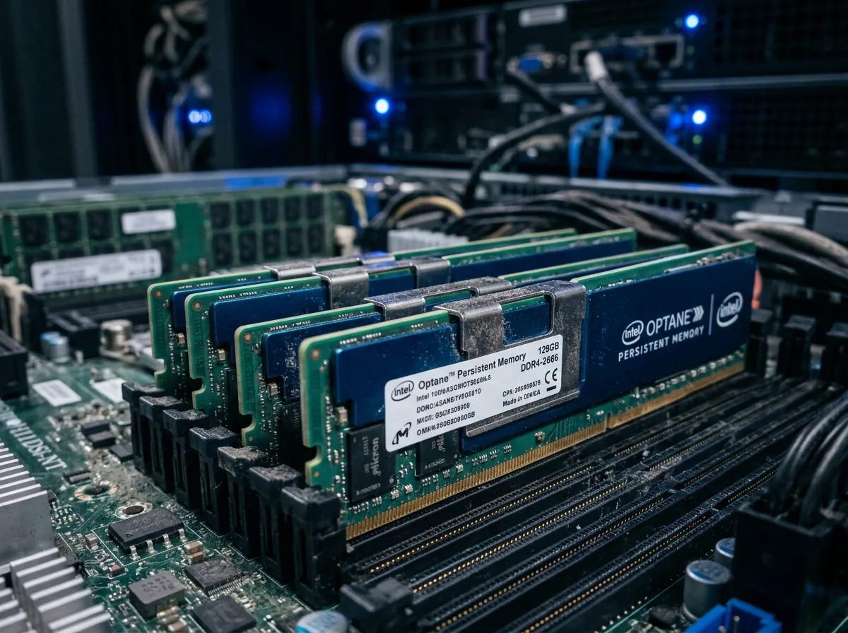 Nærbildet av Intel Optane Persistent Memory DIMM-moduler installert i et serverhovedkort med blå LED-lys i bakgrunnen