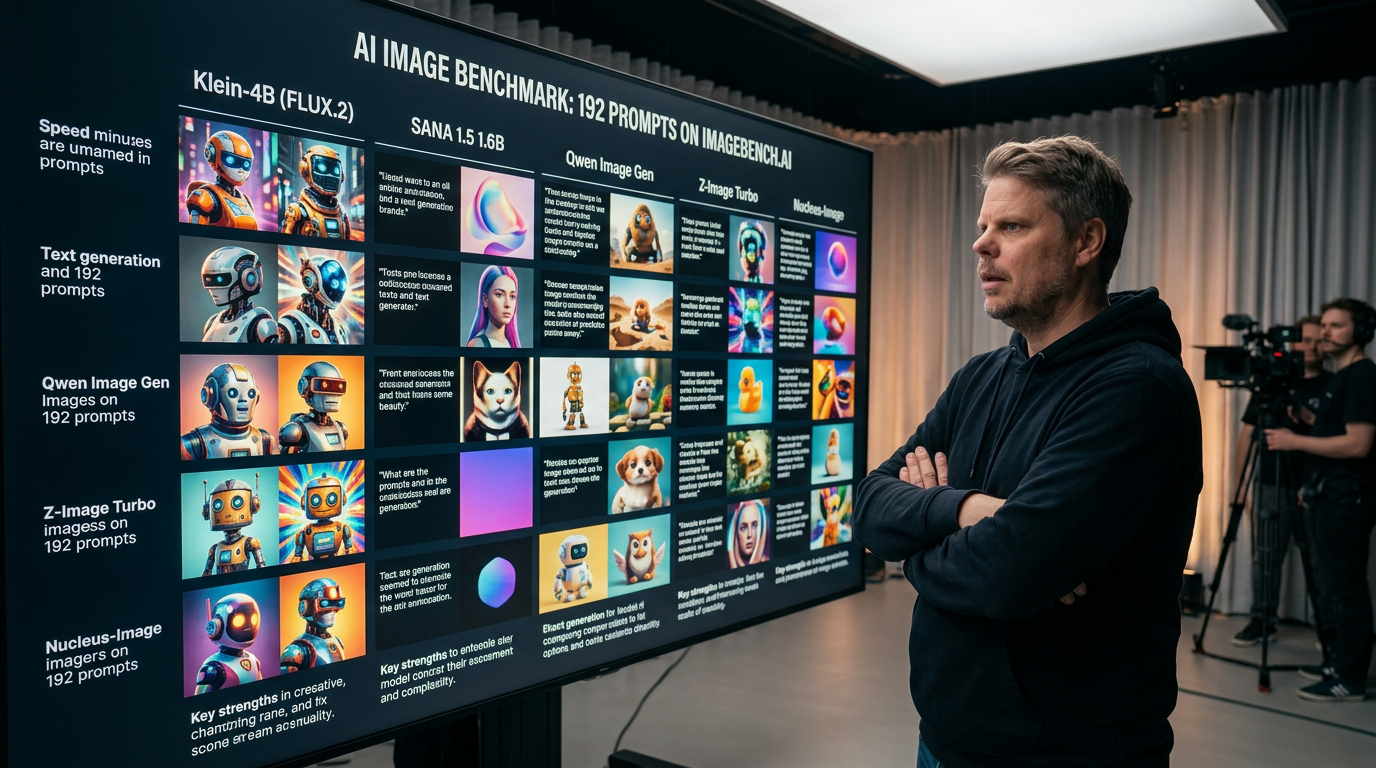 Jan Sverre studerer bildegenerering-benchmark med fem AI-modeller på skjermvegg
