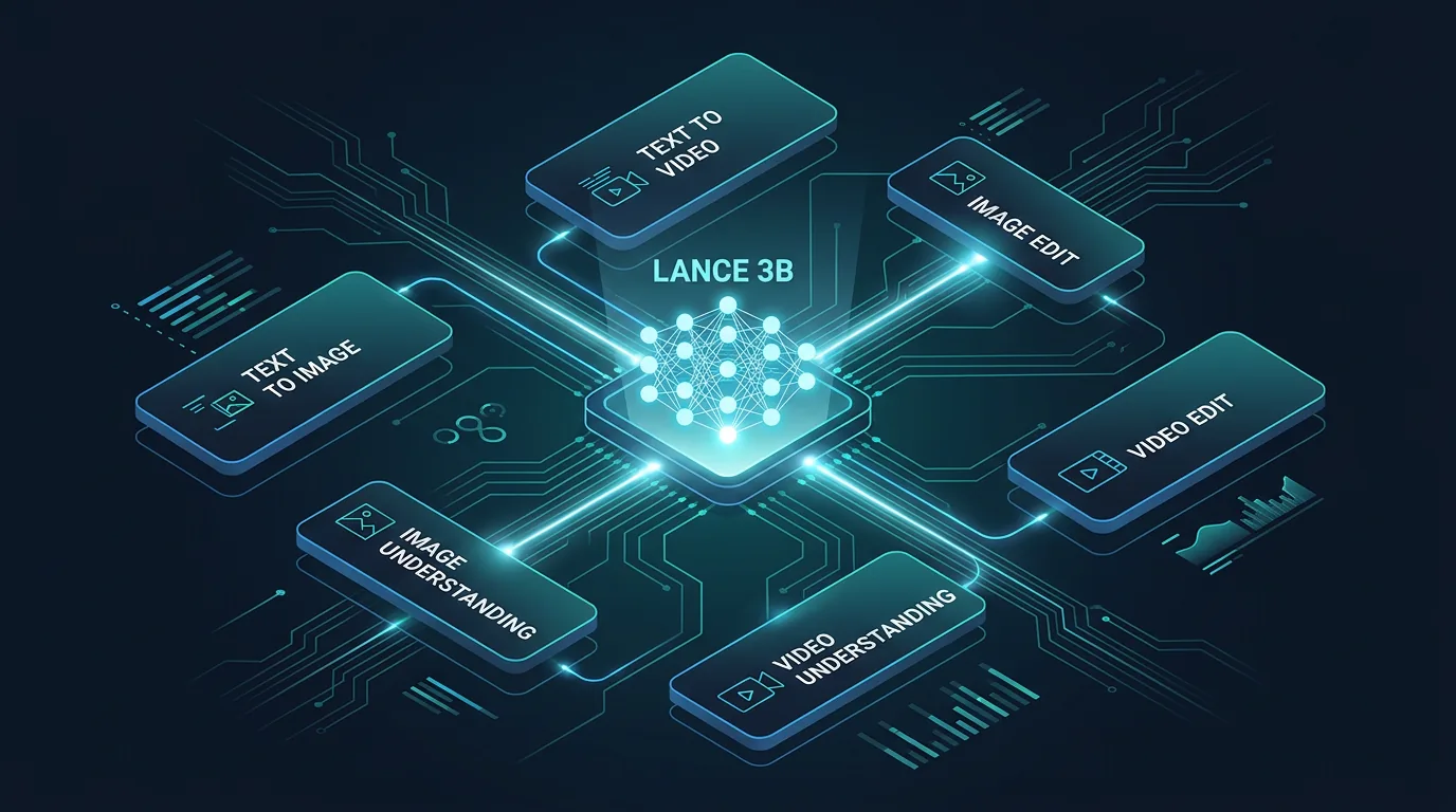 Lance AI-arkitektur med seks oppgavetyper: tekst-til-bilde, tekst-til-video, bilderedigering, videoredigering, bildeforståelse og videoforståelse