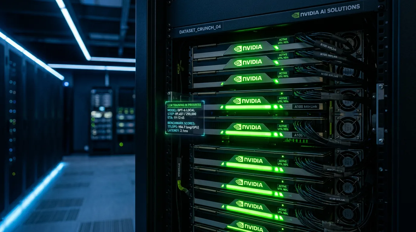A100 GPU-kort i serverstativ - Lance krever minimum 40GB VRAM for lokal kjøring