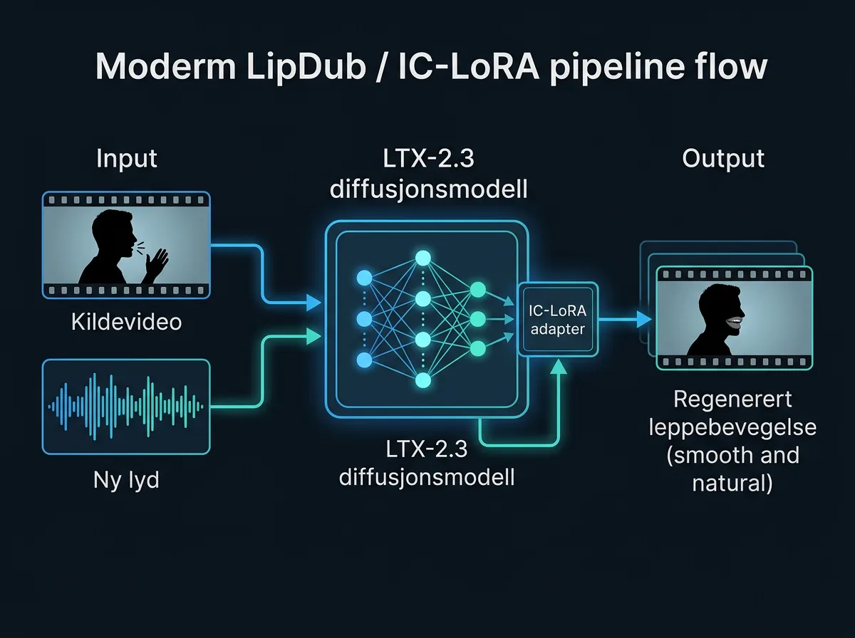 Teknisk diagram over LipDub IC-LoRA pipeline med kildevideo, ny lyd og regenerert leppebevegelse gjennom LTX-2.3 diffusjonsmodellen