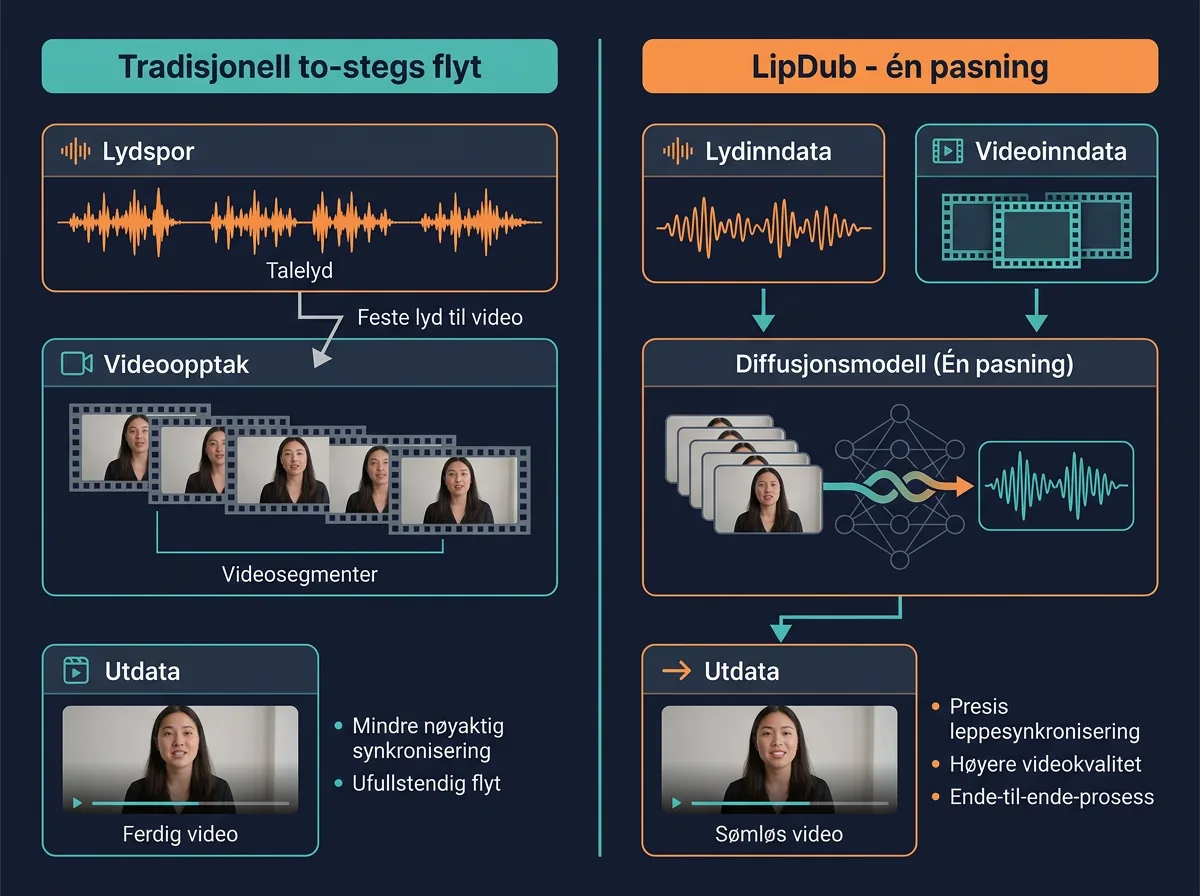 Infografikk som sammenligner tradisjonell to-stegs lipsync-flyt mot LipDubs enkelt-pasnings-tilnærming